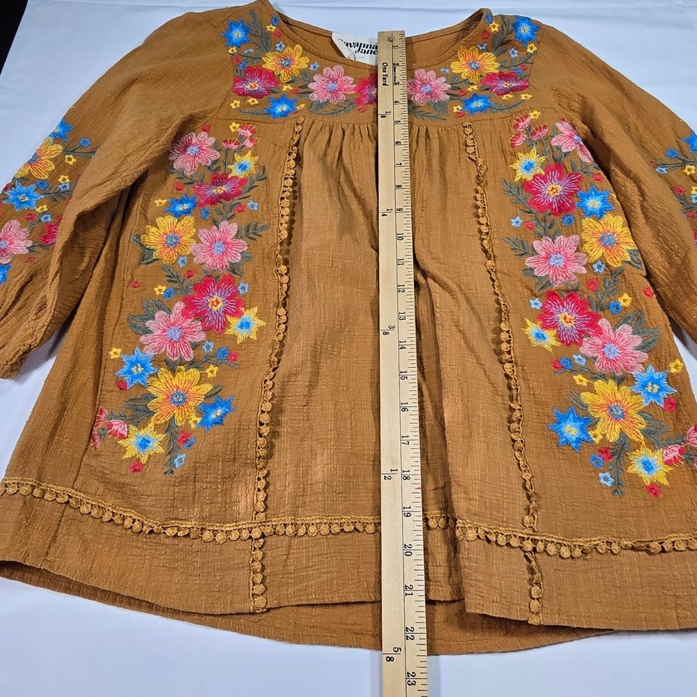 Savanna Jane Women Small Rust Brown Floral Embroidered Boho Gauze Blouse - Picture 4 of 7